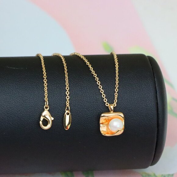 "Rose Gold Necklace with Modern Square Pendant and Pearl Accent, XPNL1885 - Picture 6 of 13